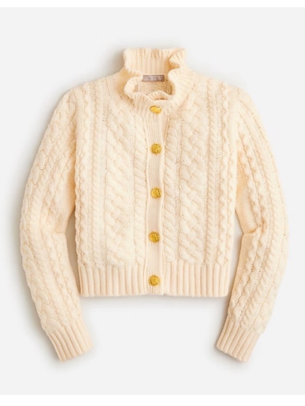 J. Crew Cream Cable-Knit Cardigan Ruffle Neck Gold Button Wool Blend Sweater M